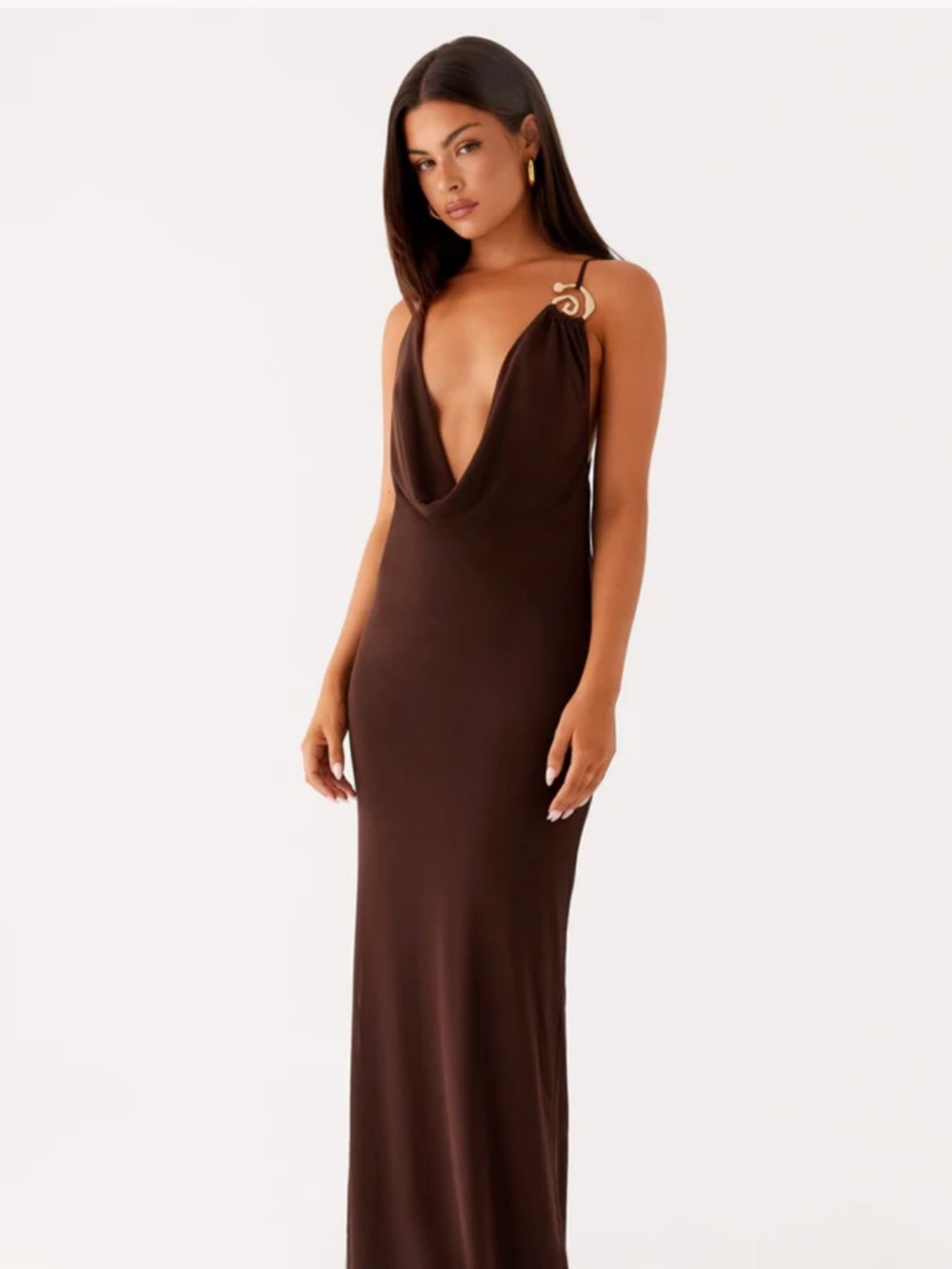 Peppermayo Brown Cowl Neck Maxi Dress with Hardware Accent
